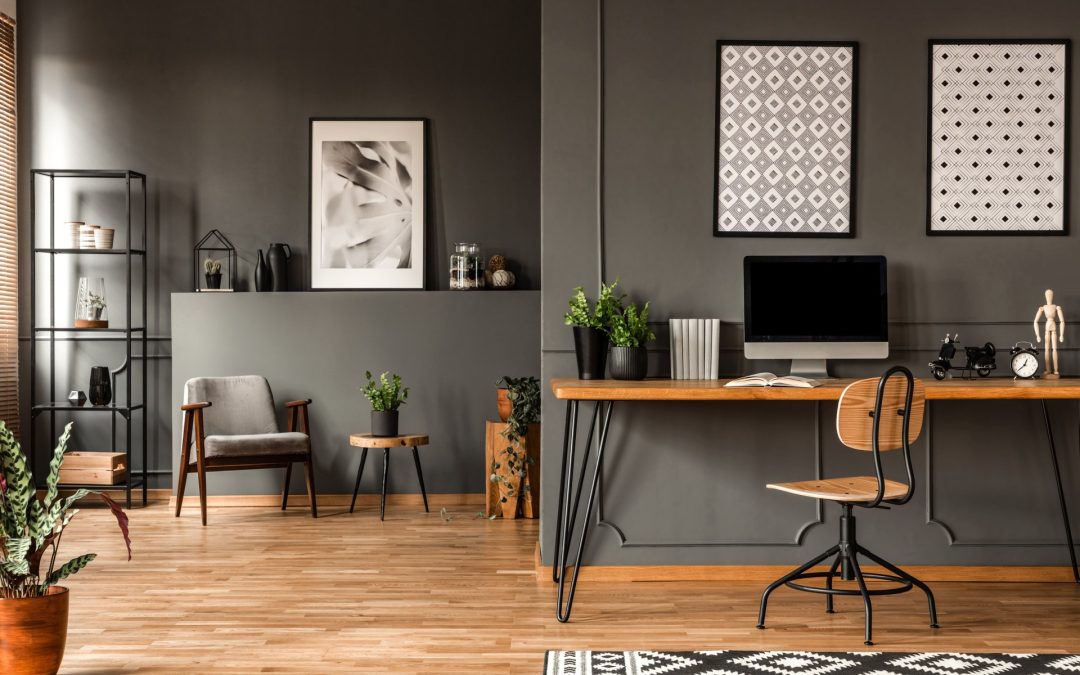 Patterned,Posters,Above,Desk,With,Computer,Monitor,In,Grey,Home